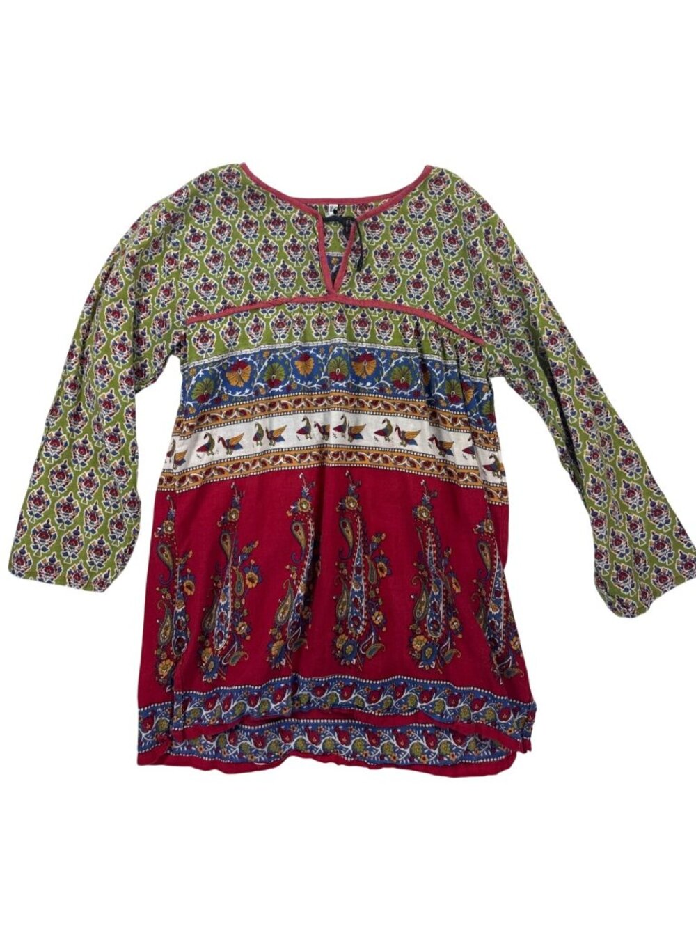 Paths of the Spirit Boho Tunic Top Floral Bird Print Tie Neck Sz S 3/4 Sleeve